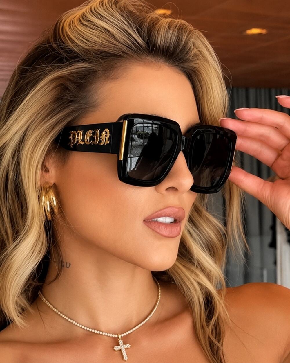 Philipp Plein SPP094M Master Black Shield Sunglasses Gold Logo